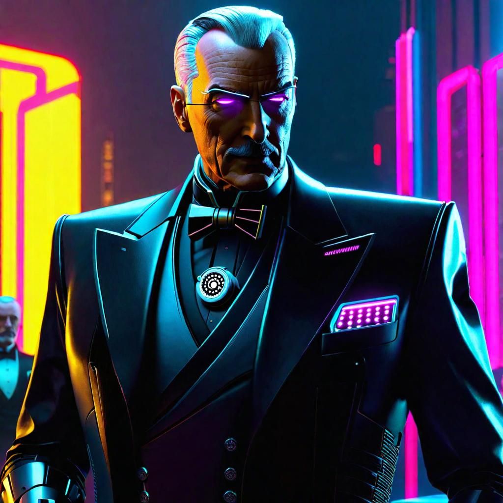 Cyberpunk Cyborg Butler in Neon Cityscape