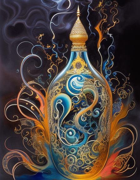 Dazzling Djinn Trapped: Black Ink Gouache Painting