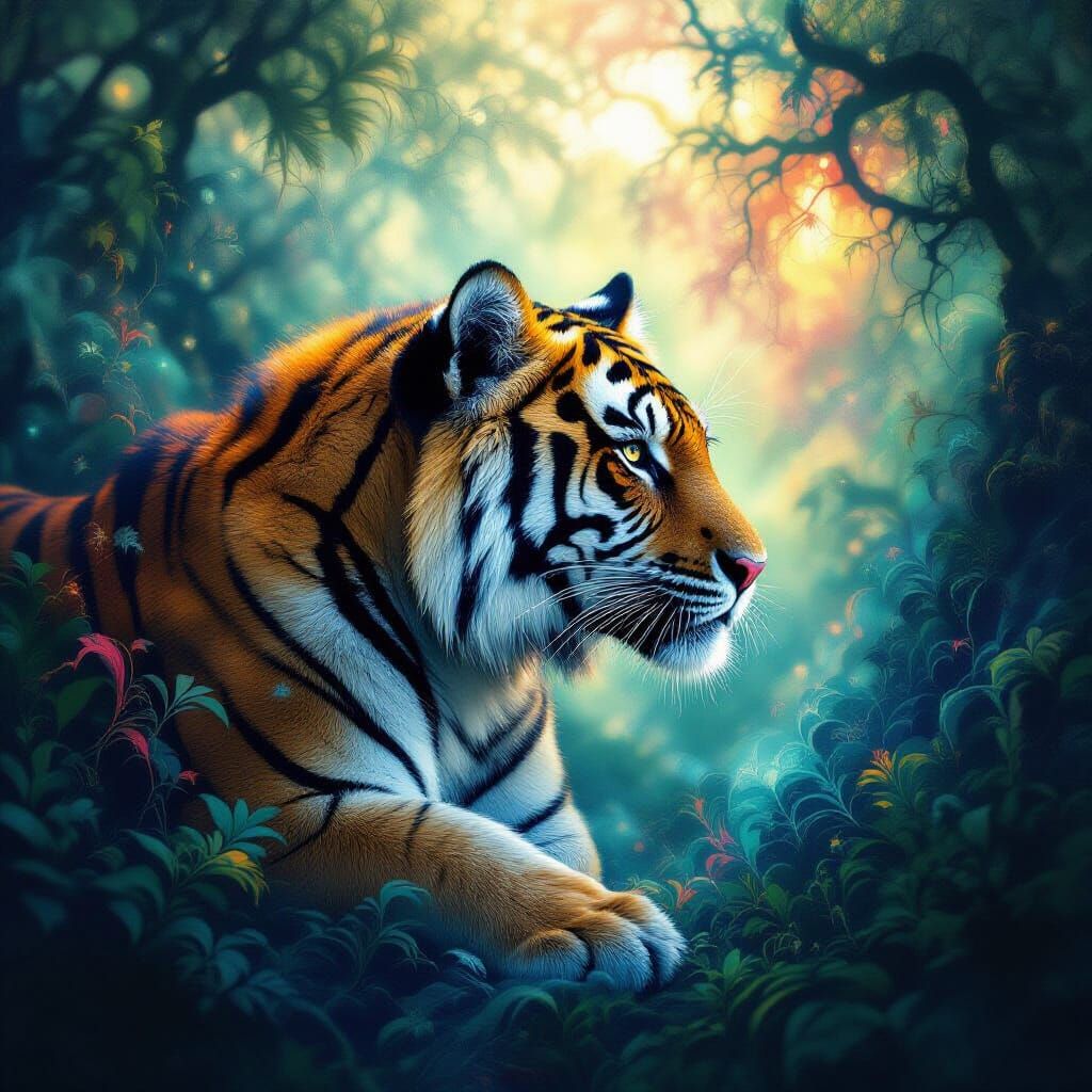 Tiger Silhouette in Magical Jungle as Surreal Double Exposur...