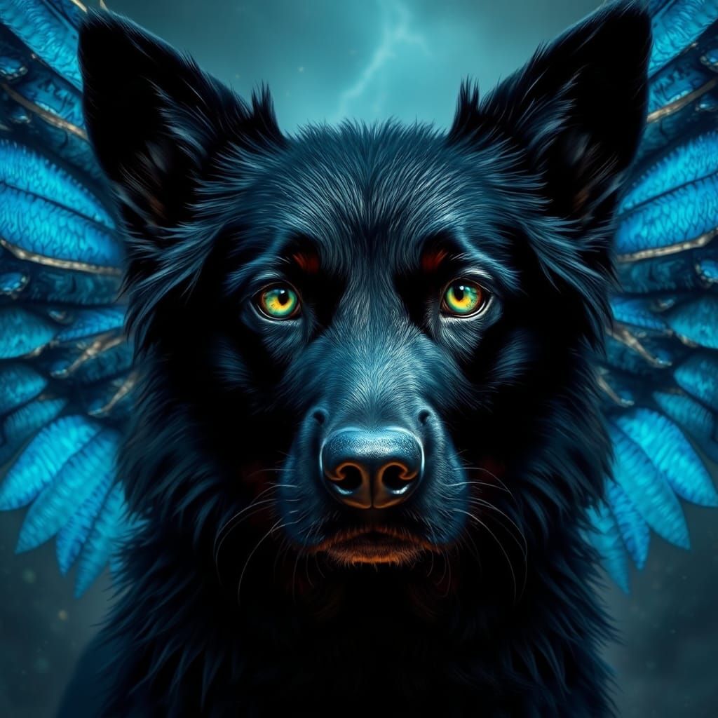 Majestic Black Dog with Blue Wings, Matte Painting