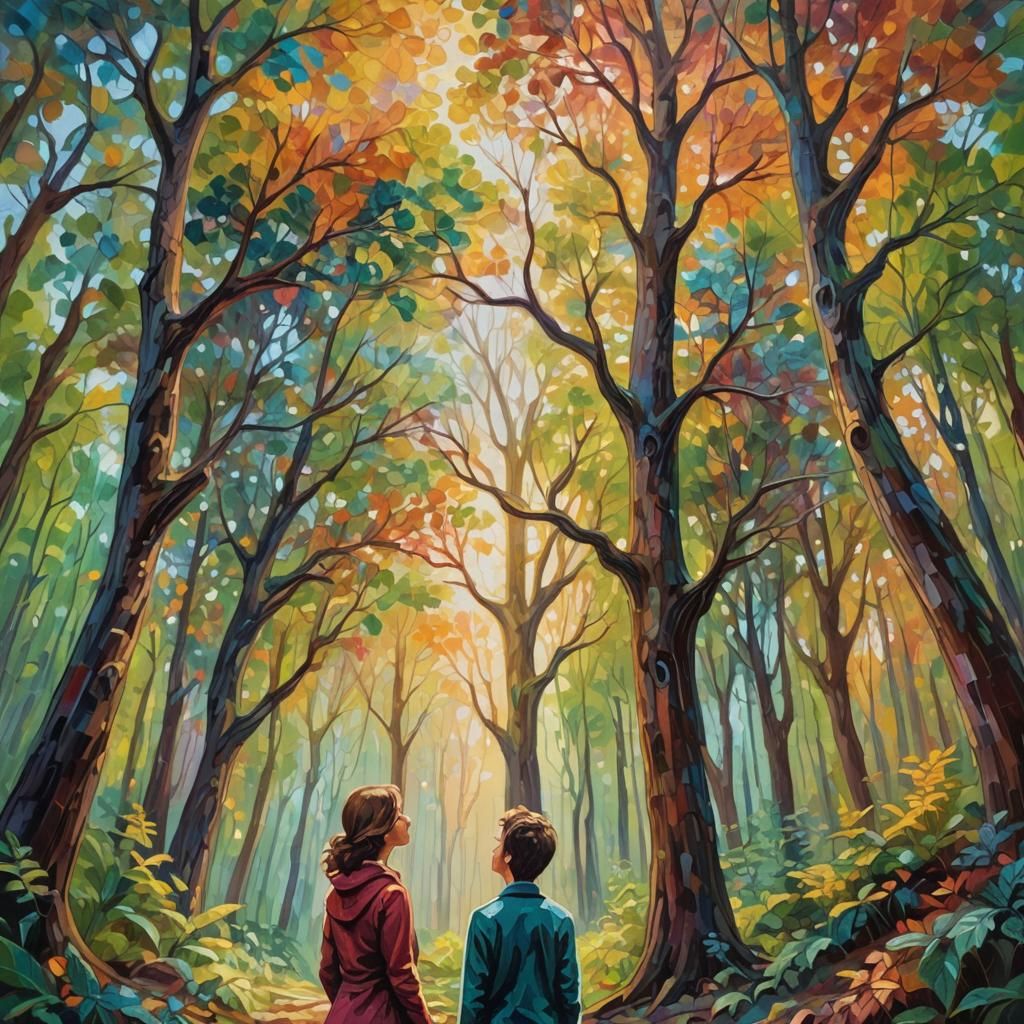 Whimsical Forest Scene in Neo-Impressionist Style
