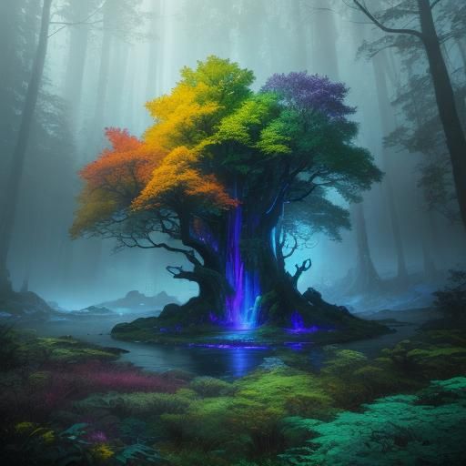 Mystical Forest Landscape with Glowing Waterfall in Oil