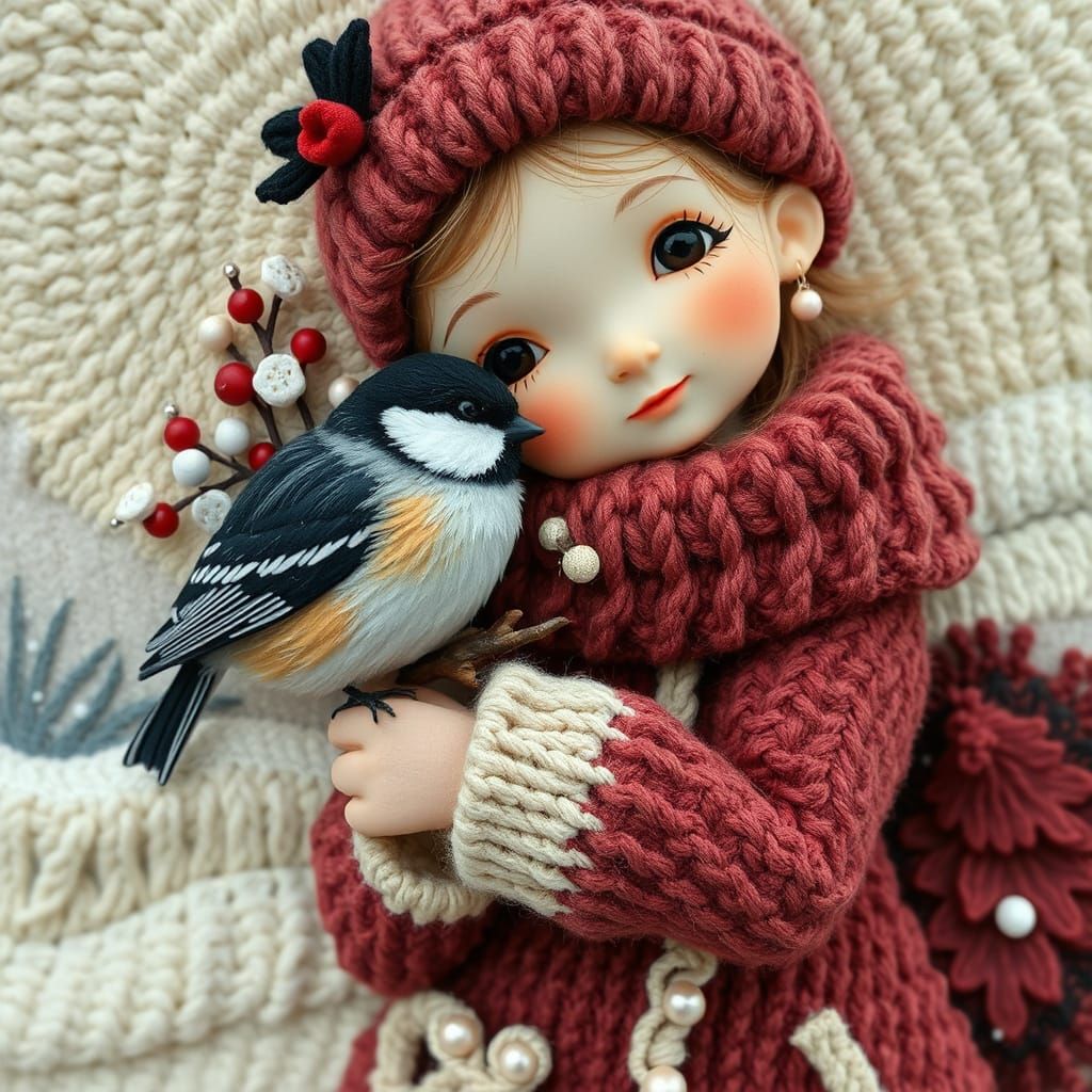 Girl with Bullfinch in Winter Scene: Naive Porcelain Art