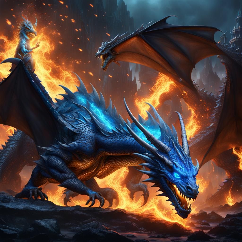 Blue Flame Dragons: Detailed Fantasy Concept Art