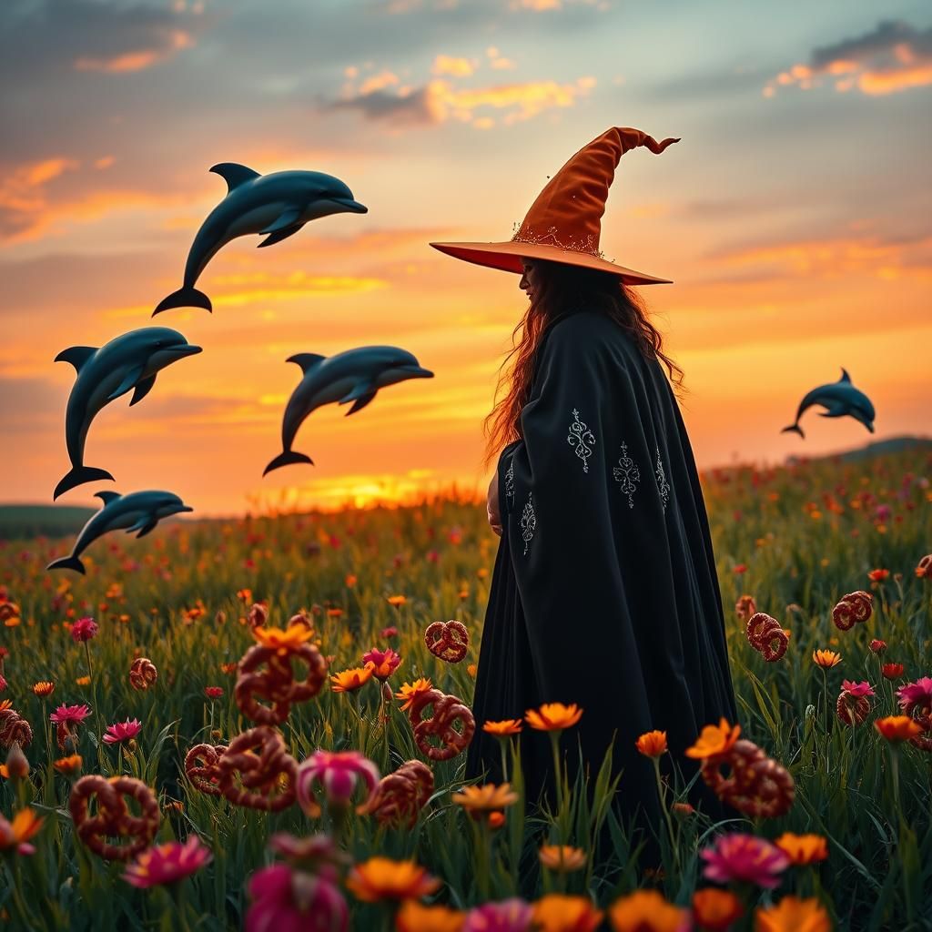 Sunset Meadow Witch with Dolphins, Hyperrealistic Style