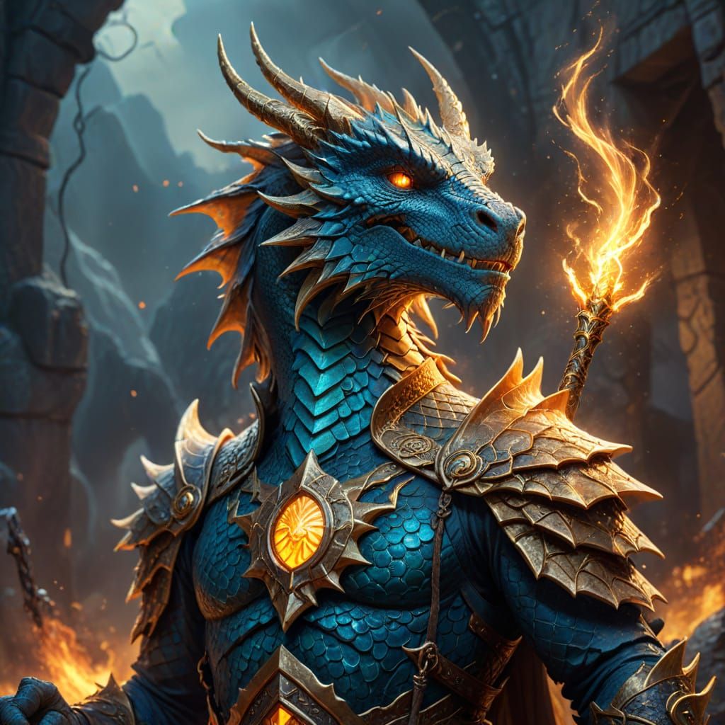 Dragon Wizard with Glowing Runes in Fantasy Art