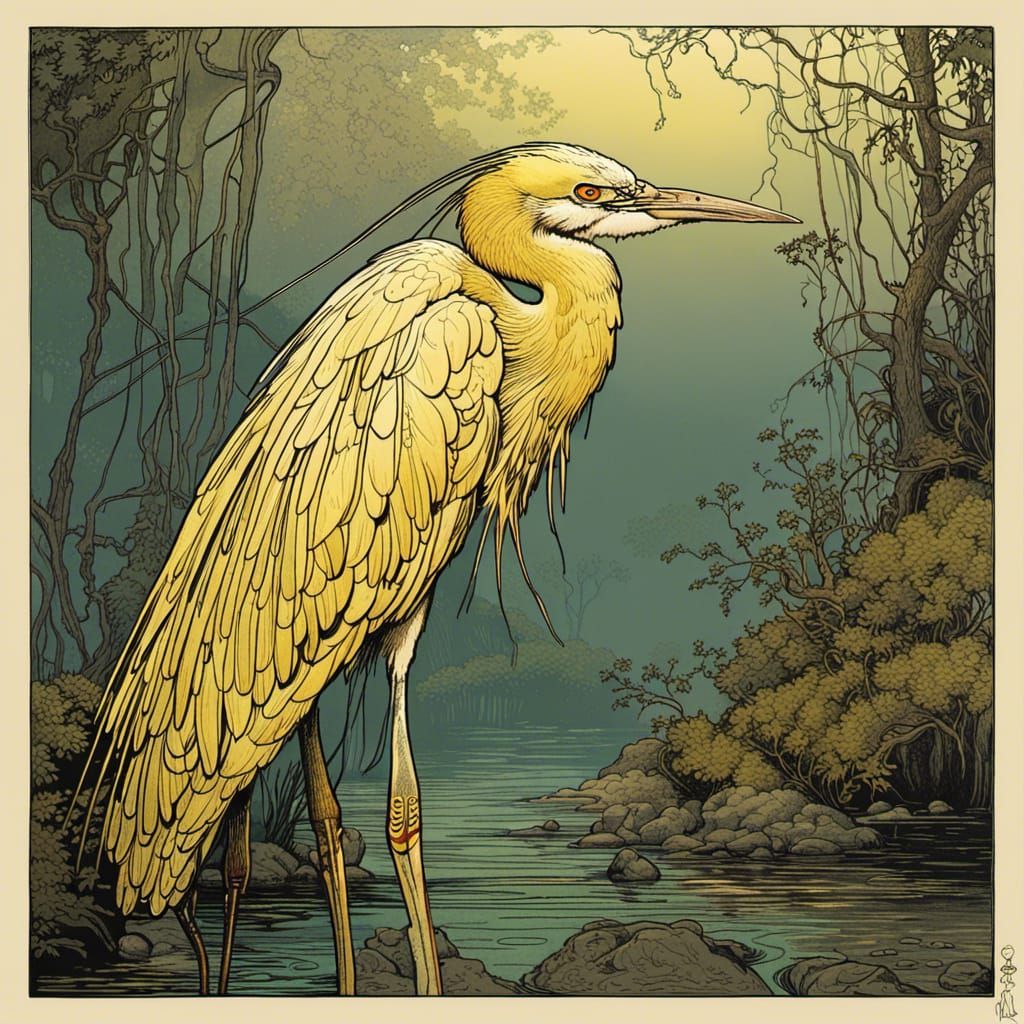Golden Heron Portrait in a Fantastical Style