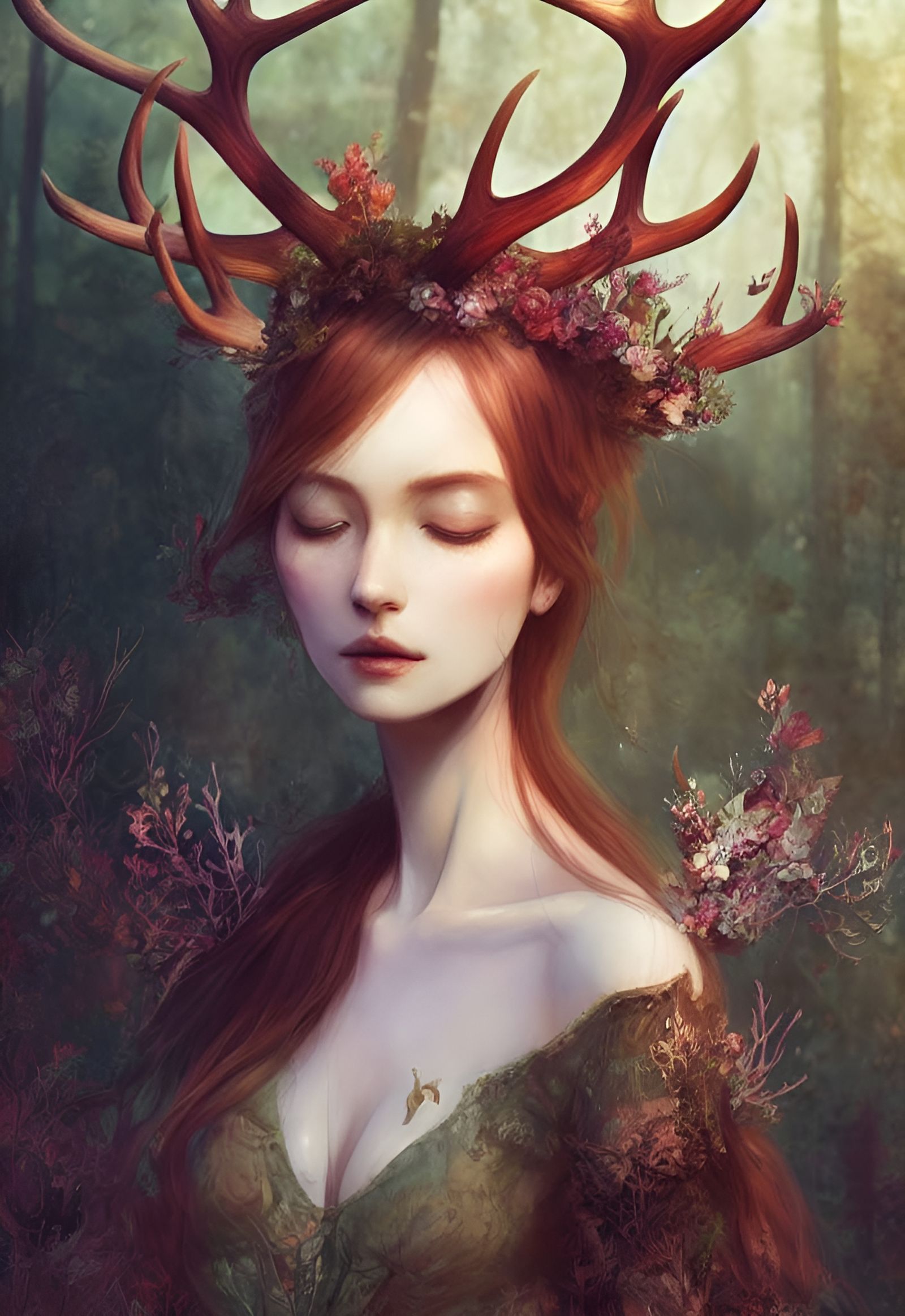 Antlered Woman Portrait in Forest, Digital Art