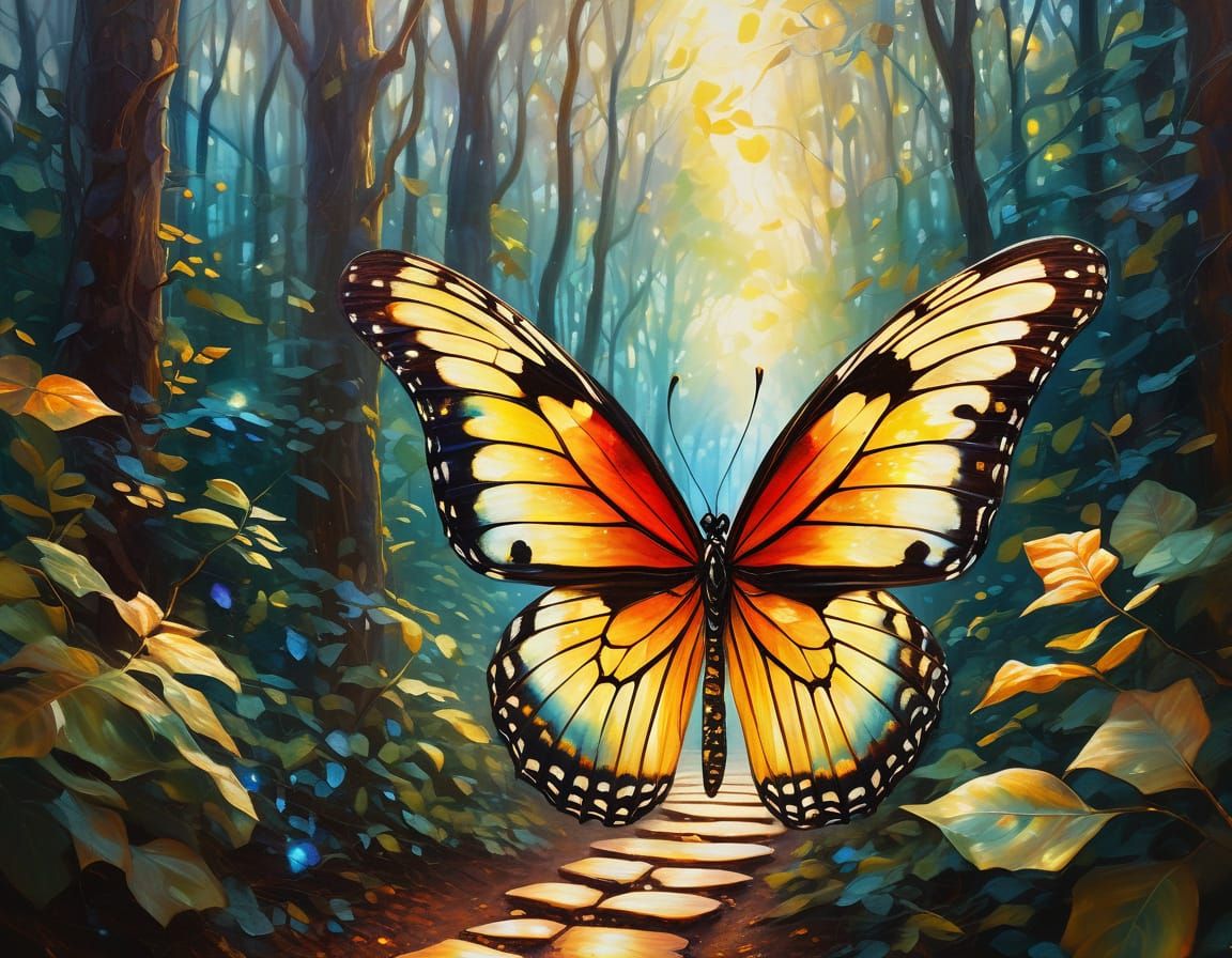 Iridescent Butterfly in a Lush Forest: Surreal Oil Painting