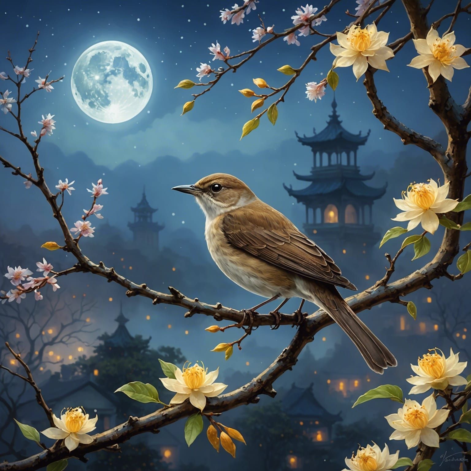 Nightingale on Osmanthus Branch in Moonlight