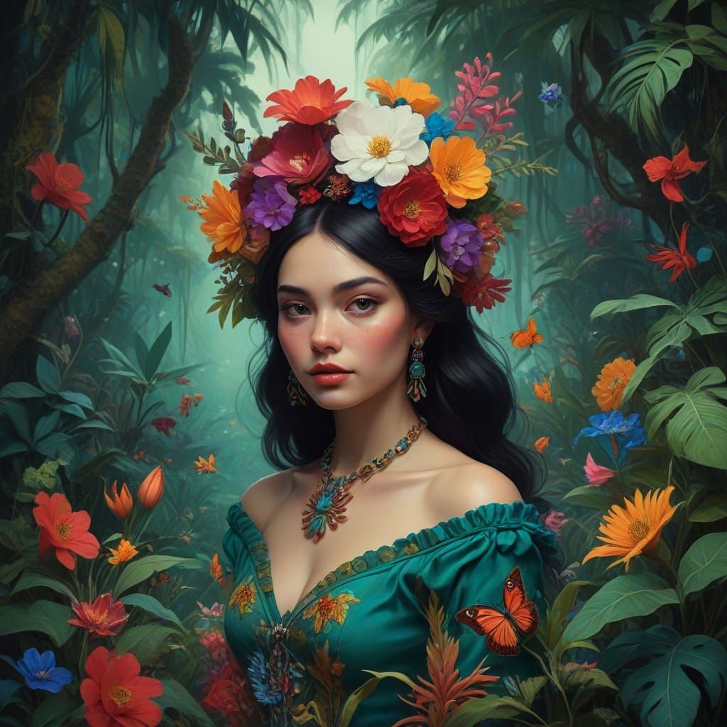 Vibrant Folkloric Jungle Blooms in Whimsical Oil Painting
