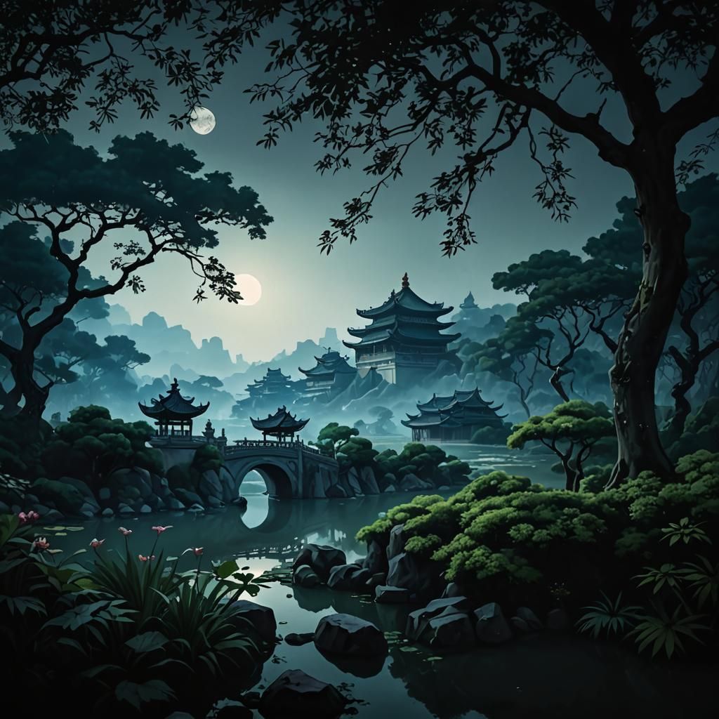 Chinese Palace and Pond Landscape