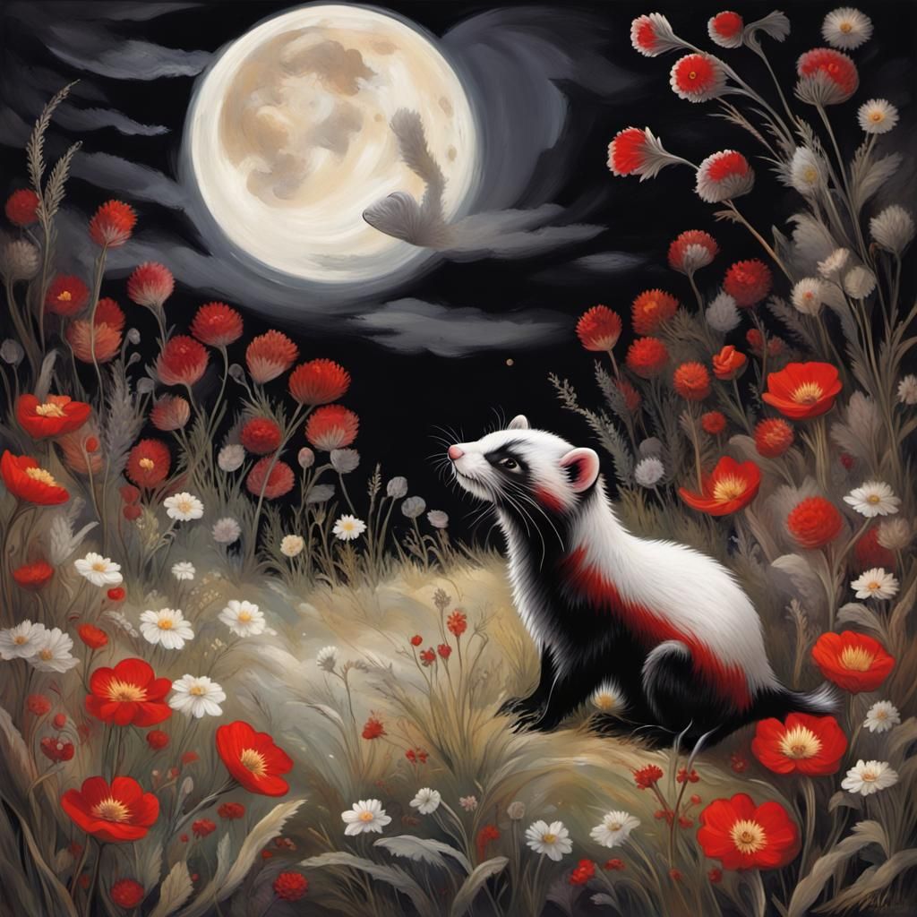 Vibrant Marble Polecat Roams Moonlit Meadow