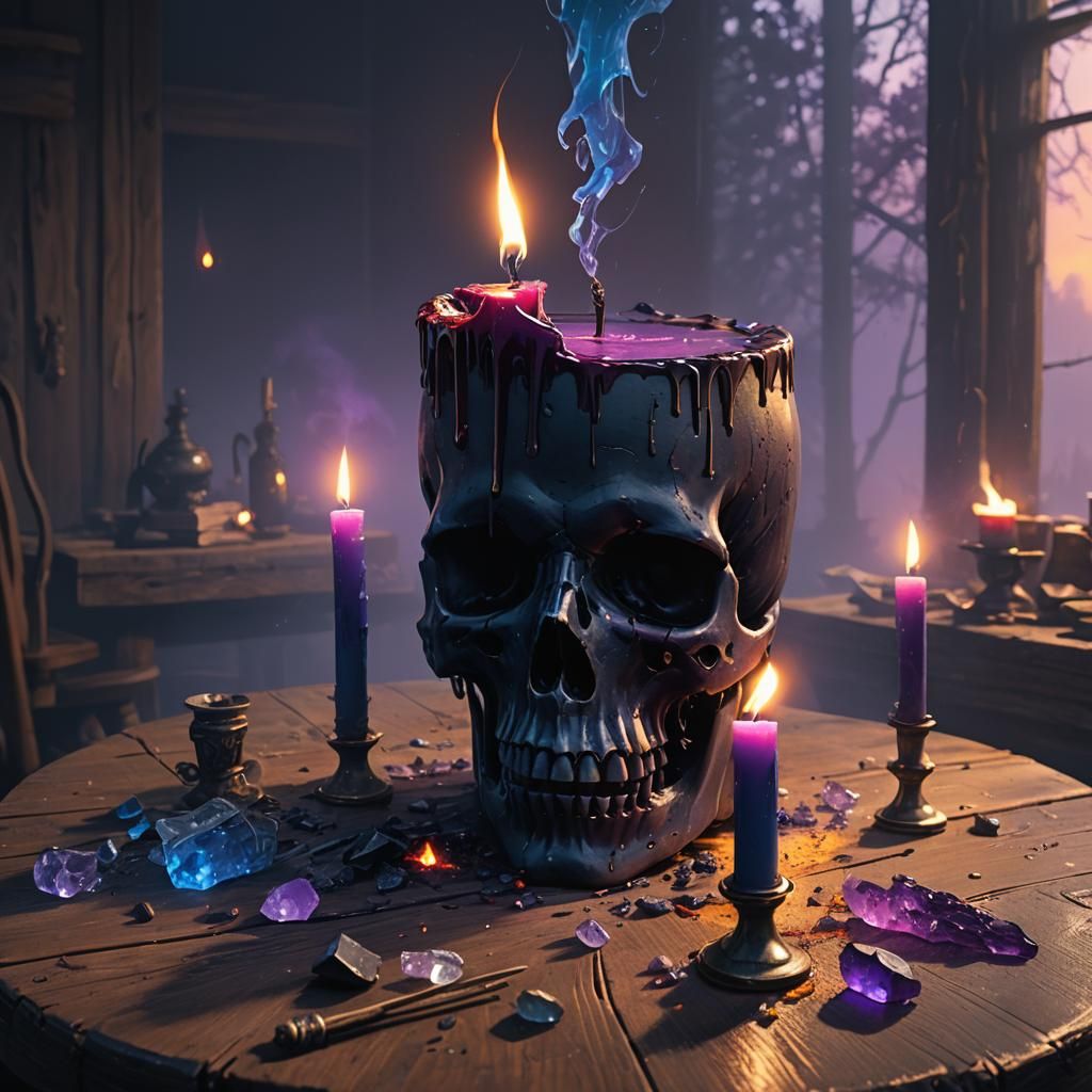 Mystical Candle on Wooden Table, Matte Painting