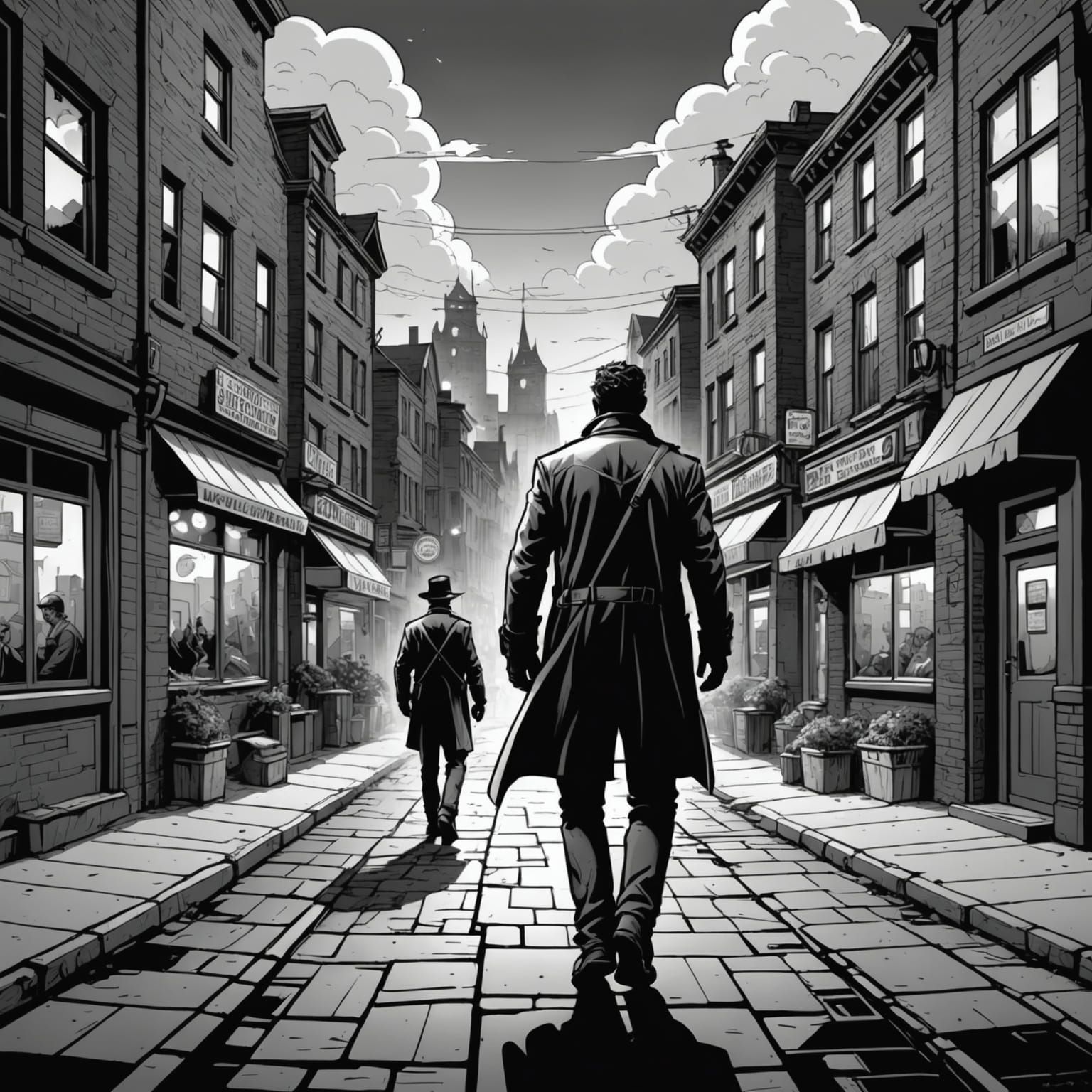 Solitary Figure in a Black and White Town