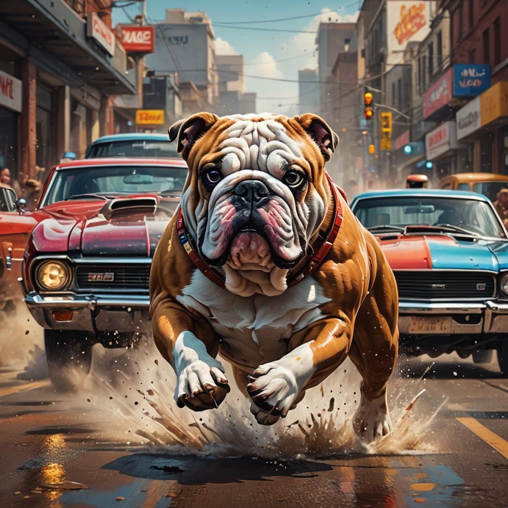 Muscle Car Race with Blonde and Bulldog: Hyperrealistic Art