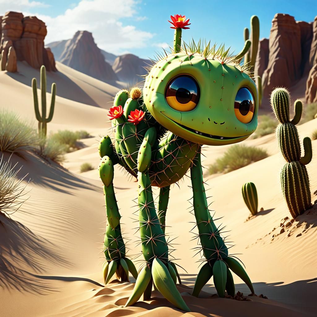Adorable Bowtruckle Cactus Creature in Desert Landscape