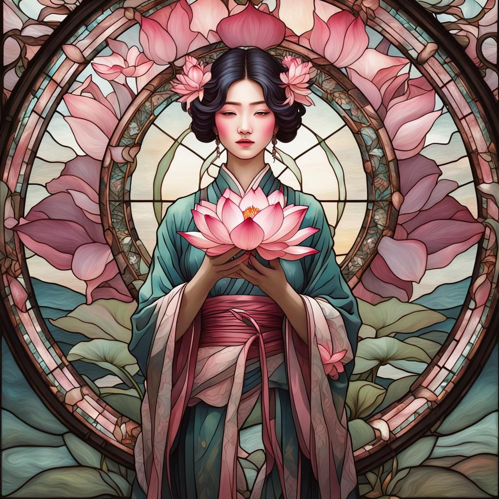 Japanese Woman with Lotus in Art Nouveau Style