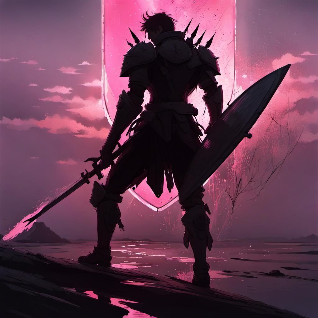 Warrior Silhouette with Shield at Dawn's Pink Light