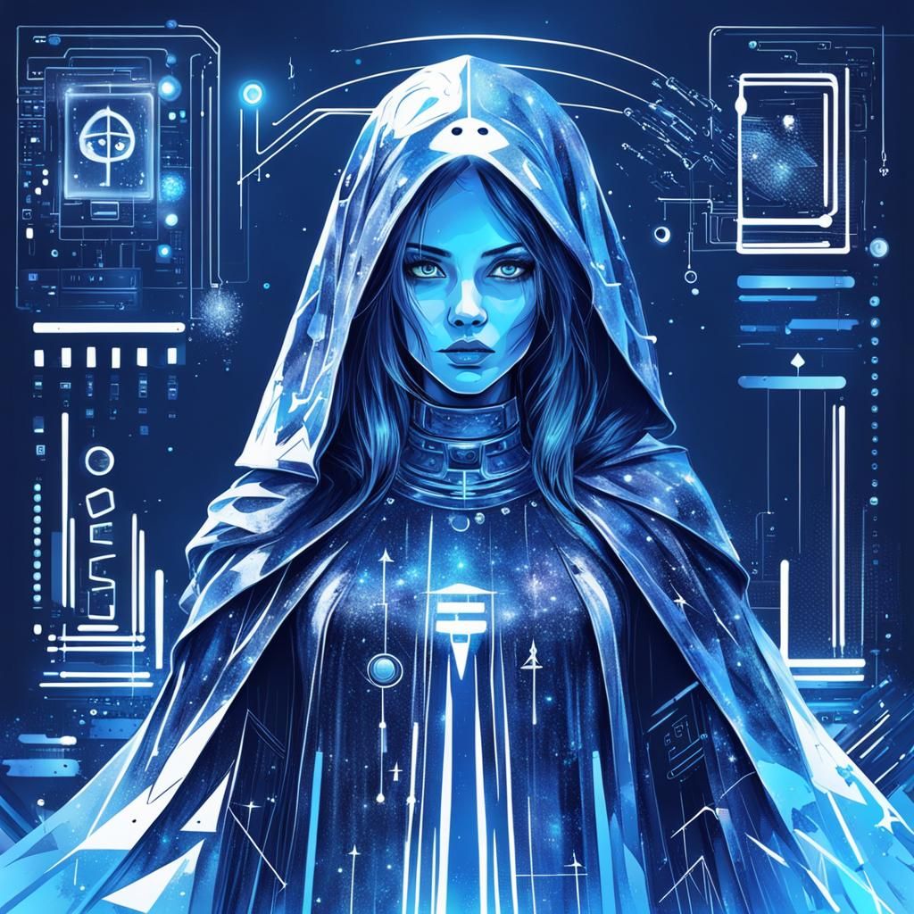 Blue AI Hologram Girl in Digital Spaceship