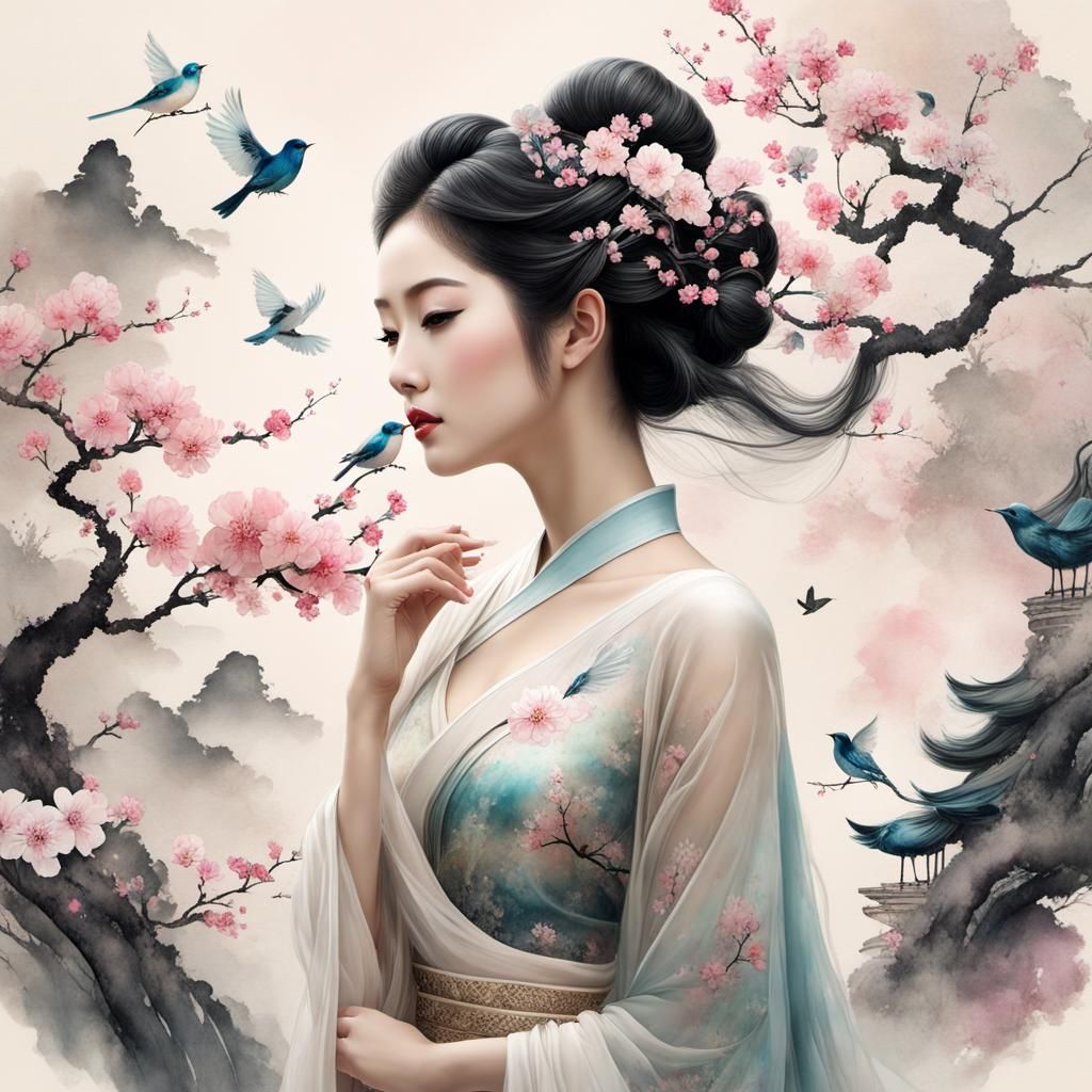 Goddess with Blossoms and Birds in Chinese Ink Style