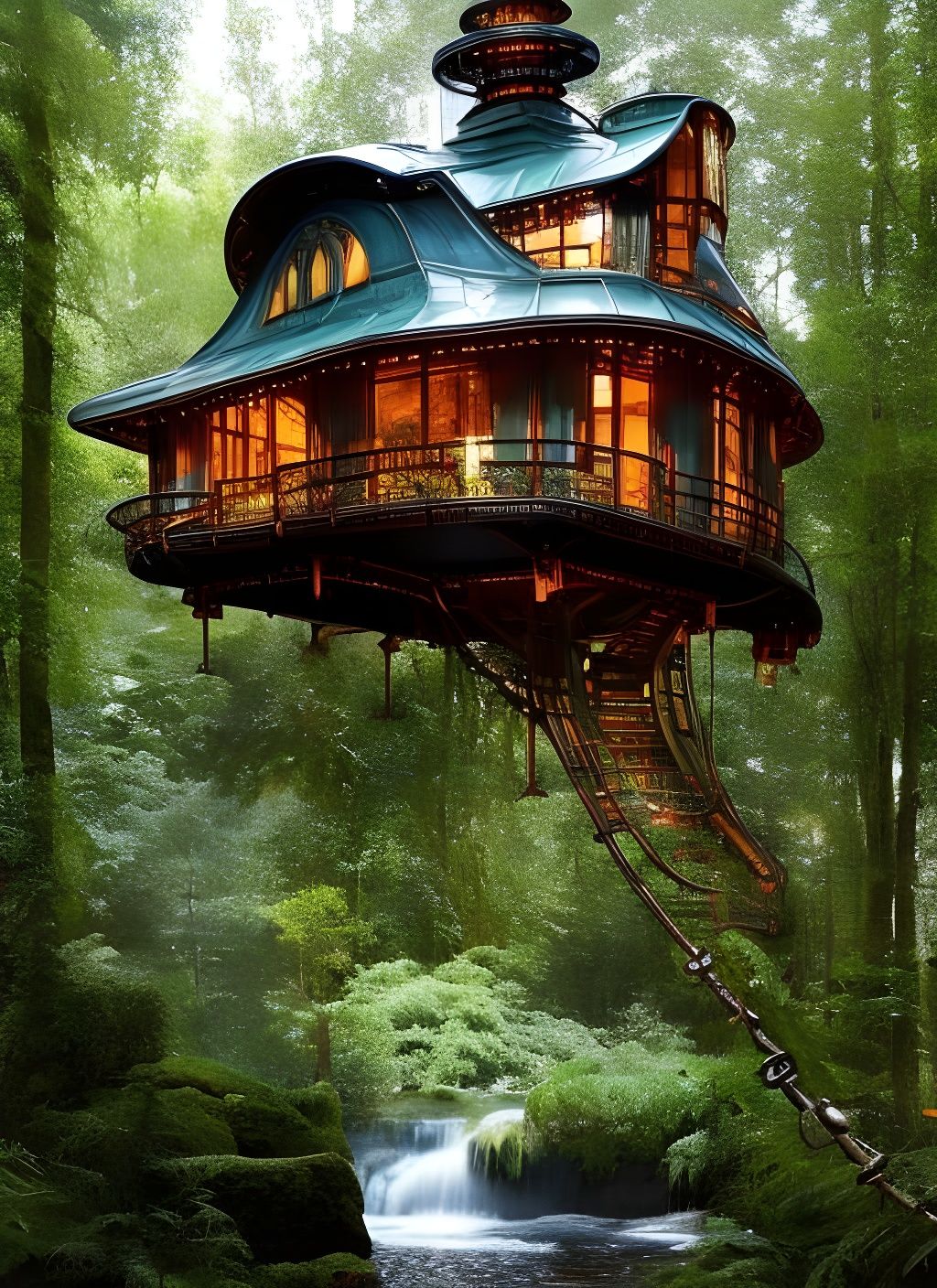 Sci-Fi Metallic Treehouse in Enchanted Forest