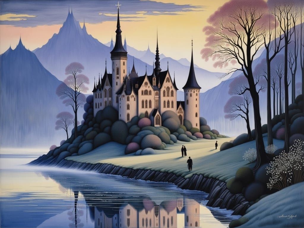 Ethereal Morning Castle Ruins Rise from River in Soft Blue-V...