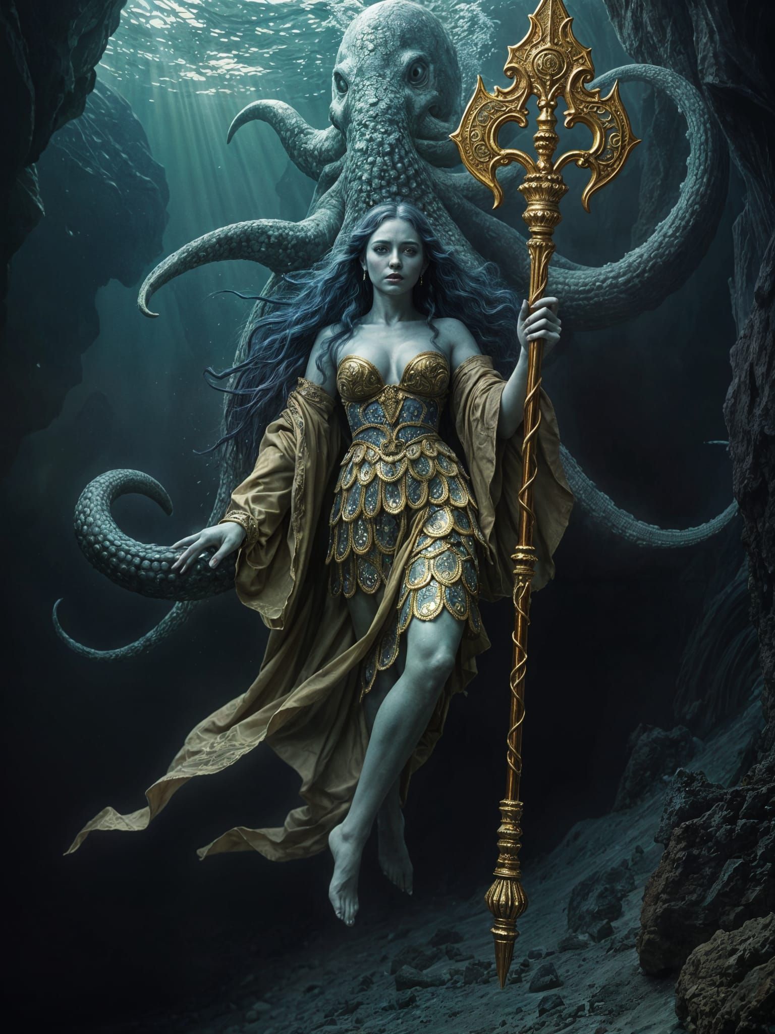 Ancient Sorceress Summoning Underwater Leviathan