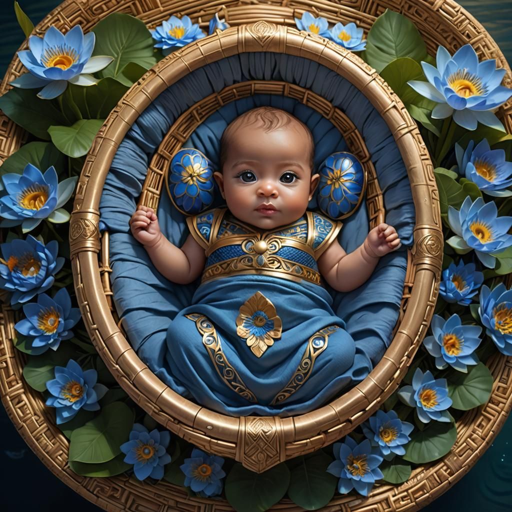 Adorable Baby in Moses Basket, Egyptian Fantasy Art