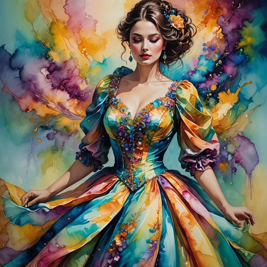 Voluptuous Woman in Pastel Dress: Alcohol Ink Art