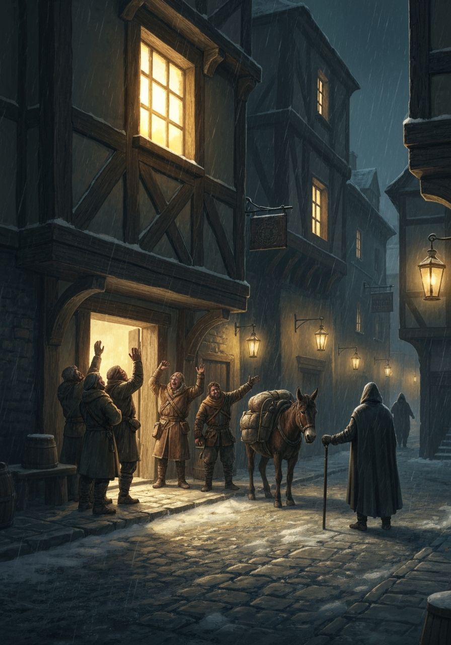 Grimdark Tavern Scene on Snowy Night