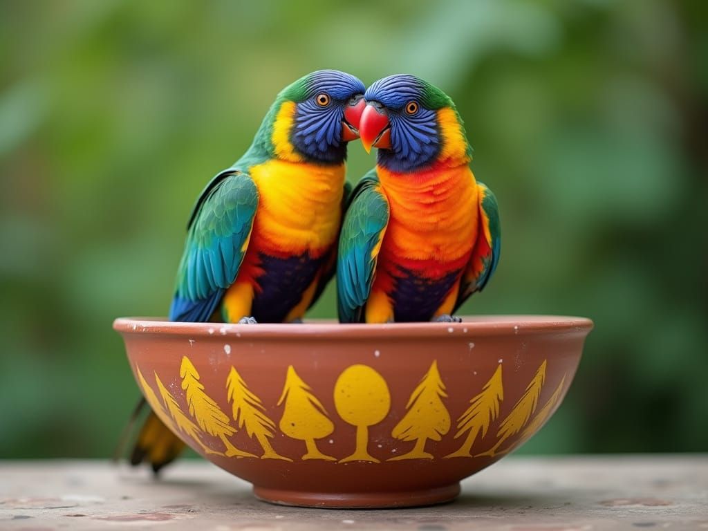 Vibrant Parrots on Clay Bowl: A Study in Natural Colors
