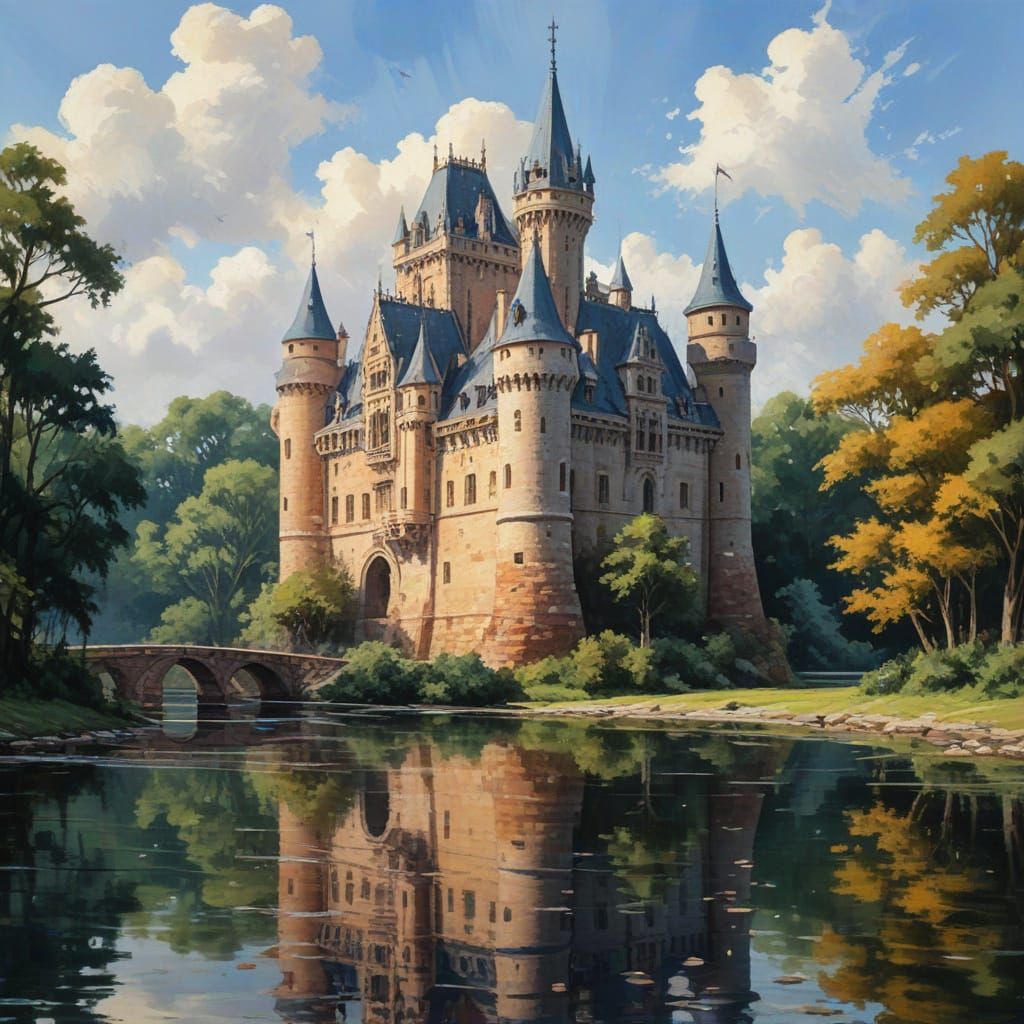 Gouache Watercolor Epic Castle Scene
