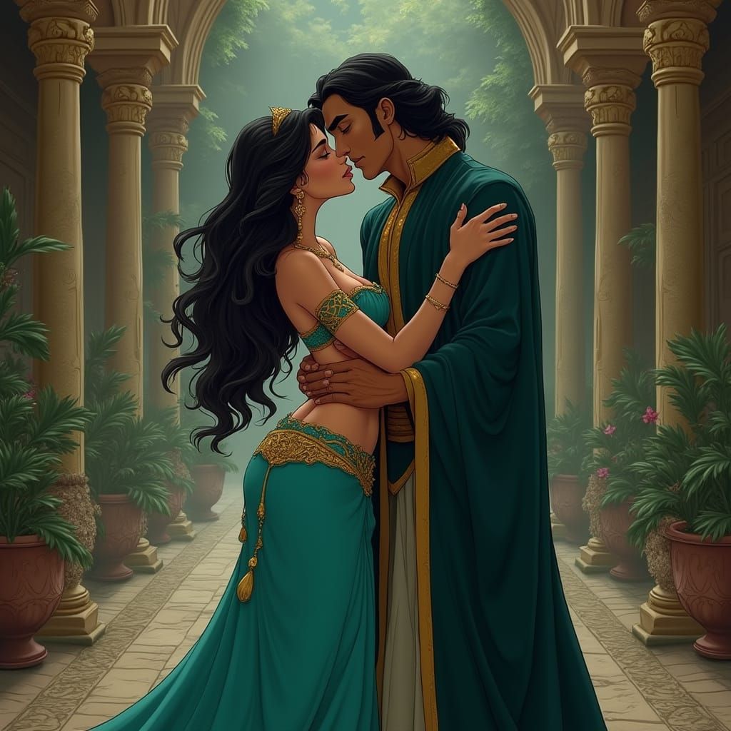 Regal Princess Jasmine in a Tense Kiss with Jafar in a Majes...