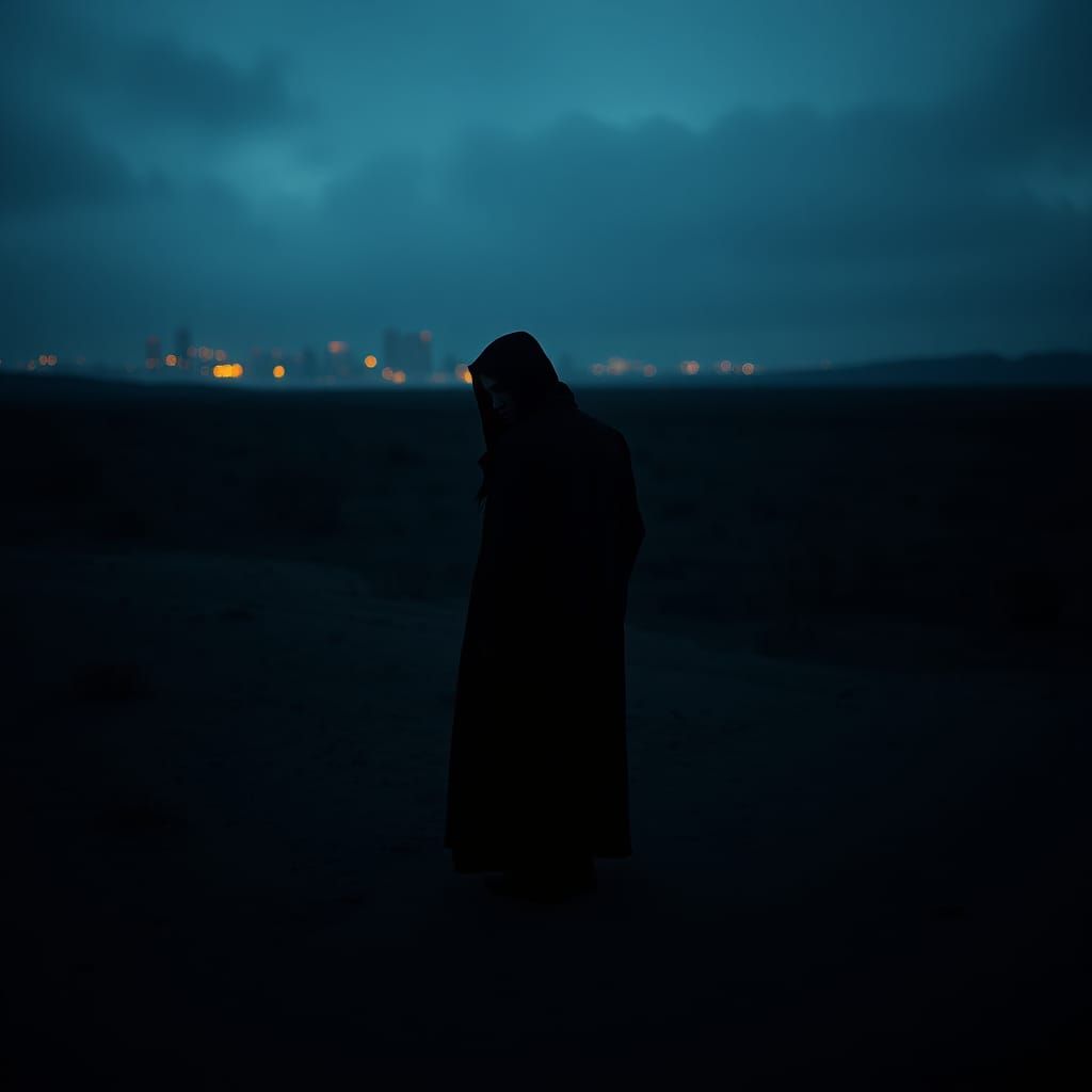 Solitary Figure in Desolate Landscape with Cinematic Lightin...