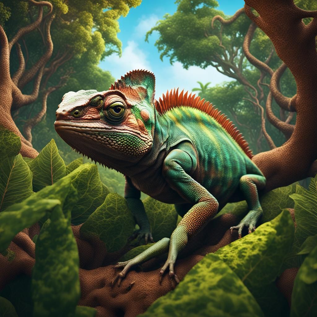 Giant Chameleon in Galapagos: Detailed Matte Painting