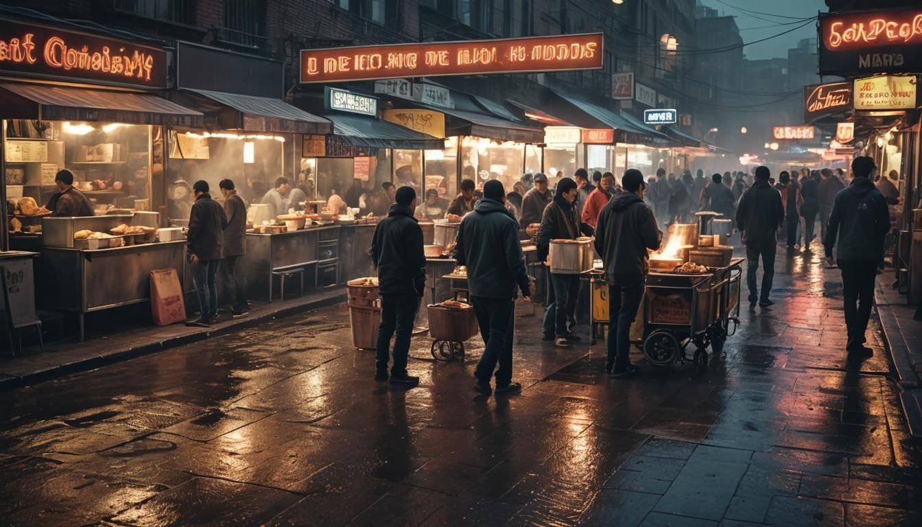 Vibrant Street Food Scene in Hyperrealistic Photography