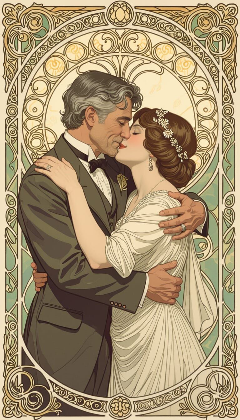 Elegant Art Nouveau Embrace with Art Deco Frame