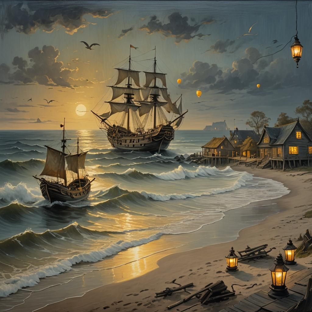 Pirate Ship Sailing Towards Haunted Beach House