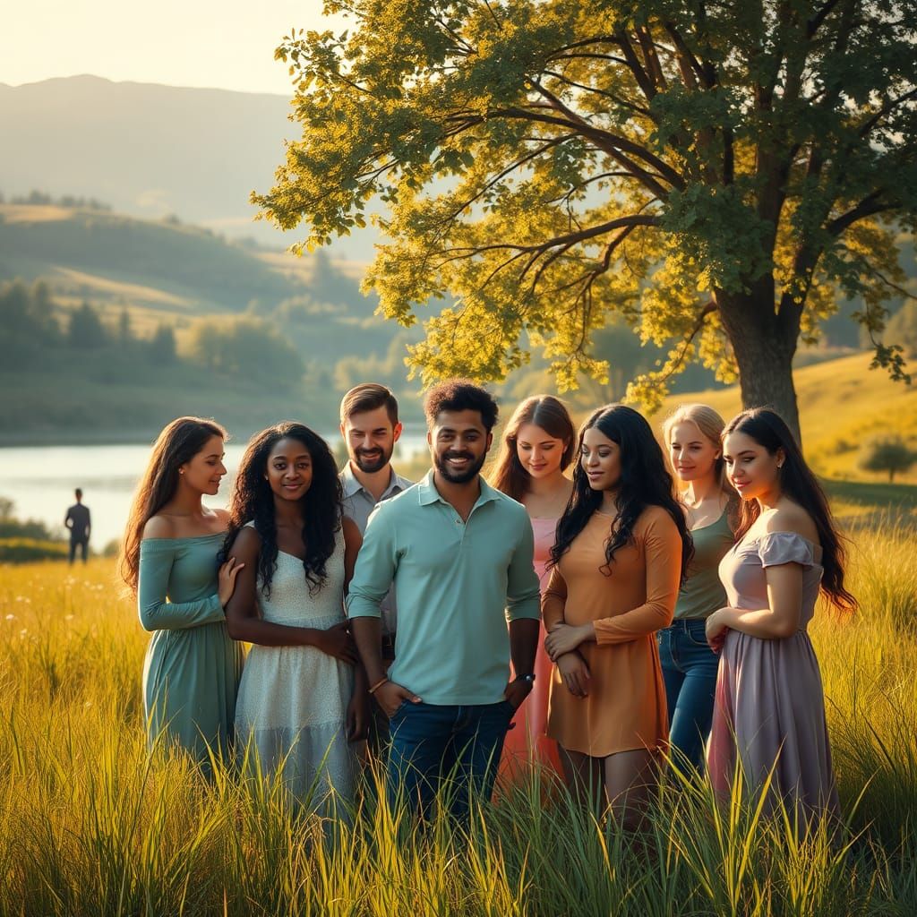 Peaceful Coexistence: Diverse People in Harmonious Meadow