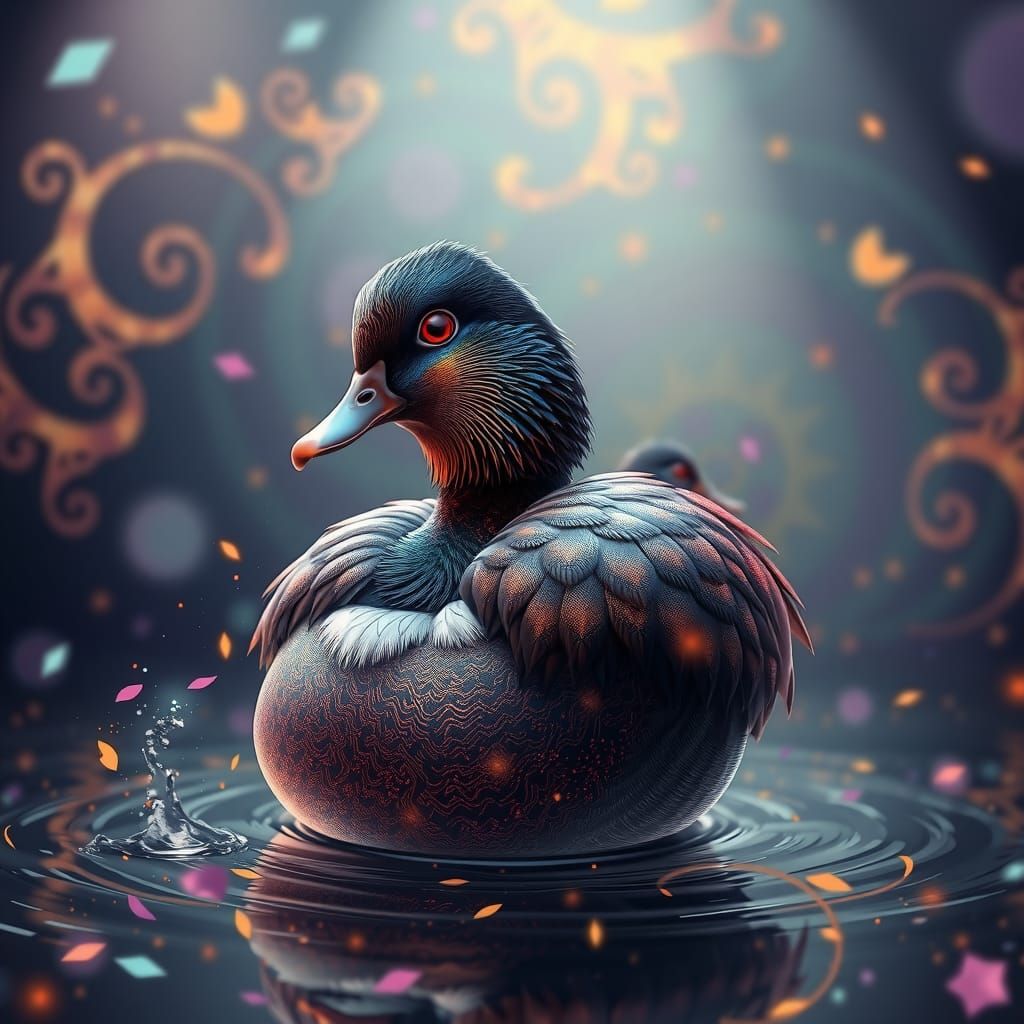 Iridescent Duck in Pointillism Fantasy Landscape