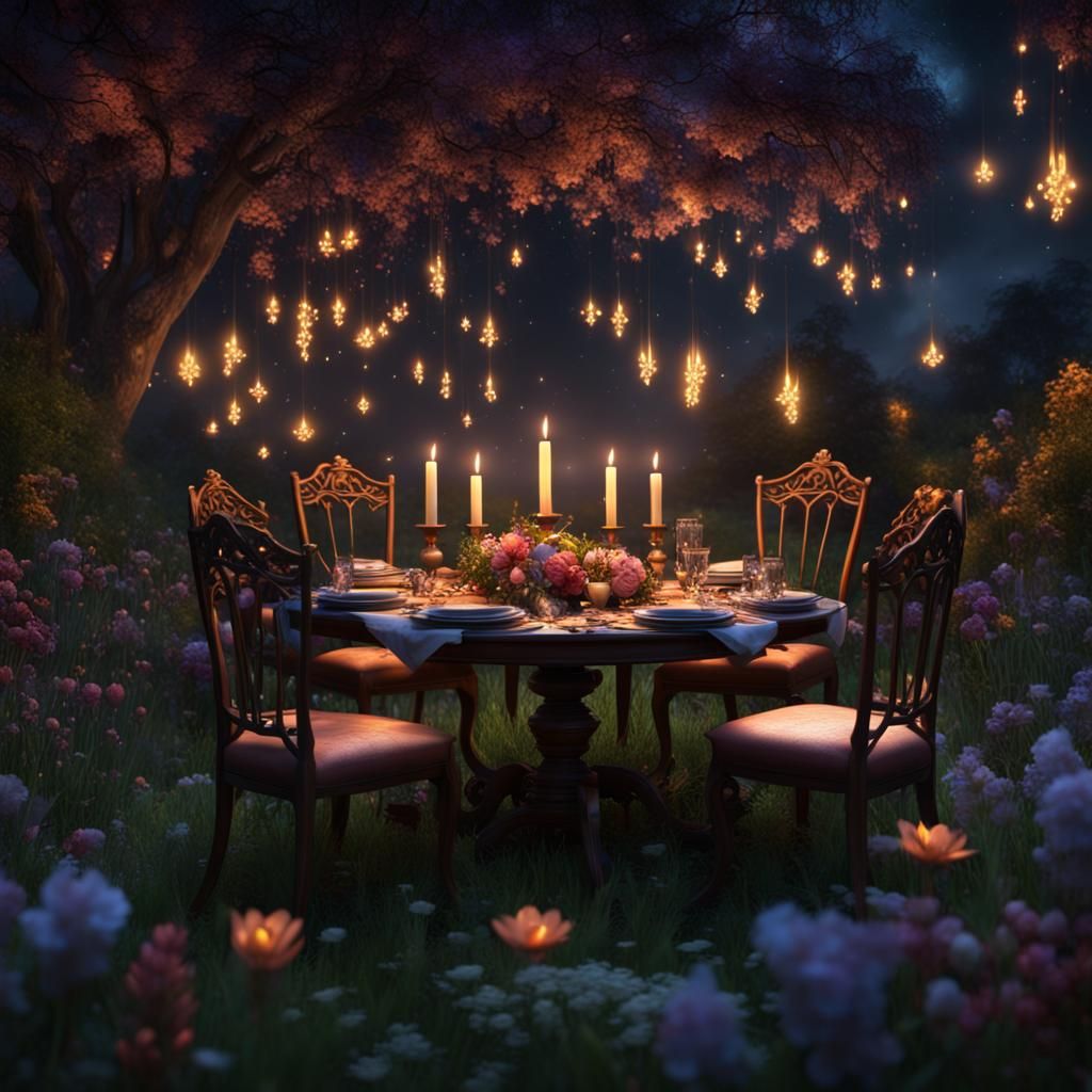 Moonlit Garden Dinner: Vivid Fantasy Concept Art