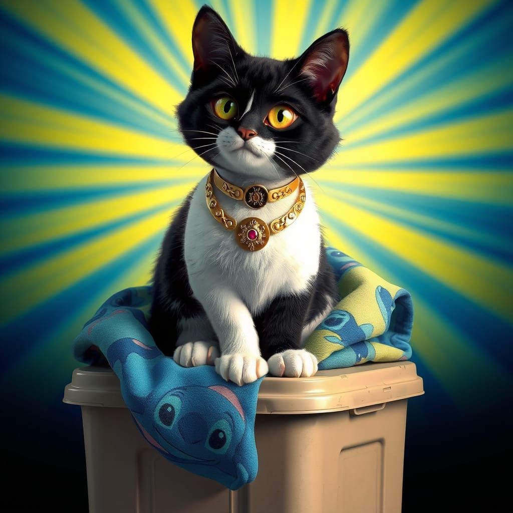 Regal Black and White Cat on Plastic Box with Stitch Blanket