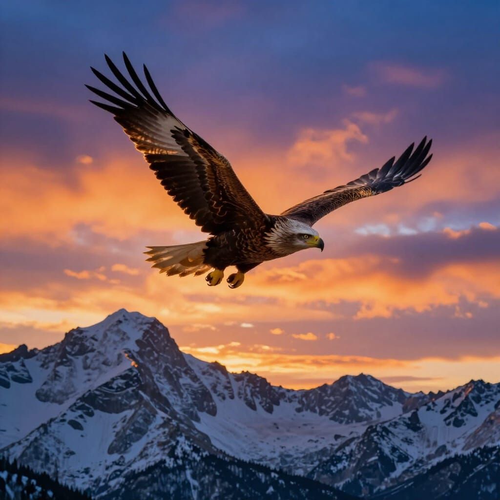 Majestic Eagle Soars Over Snowy Peaks at Sunrise