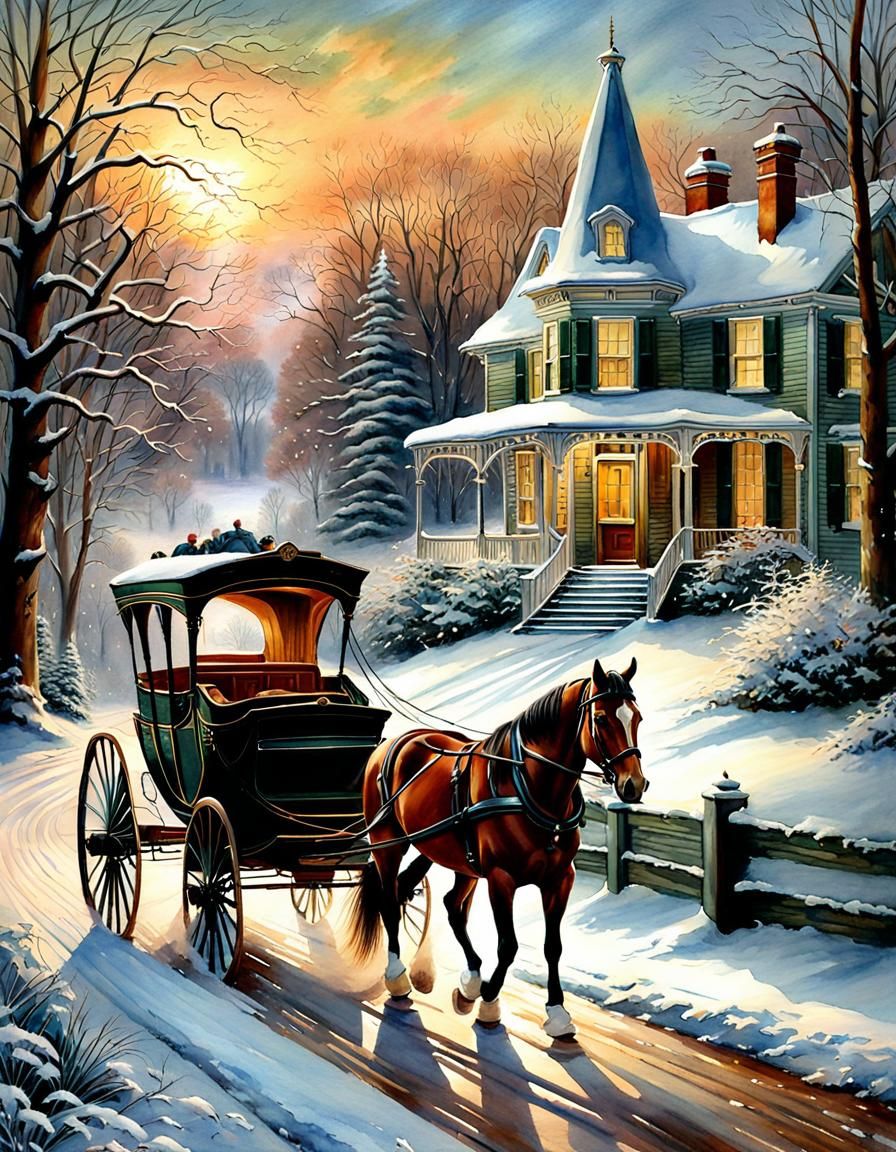 Victorian Carriage in Winter: Watercolor Painting