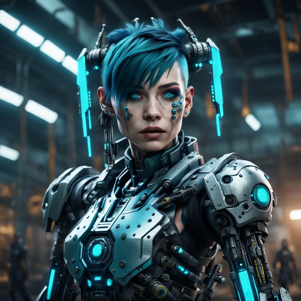Cyberpunk Cyborg with Cyan Hair in Armory