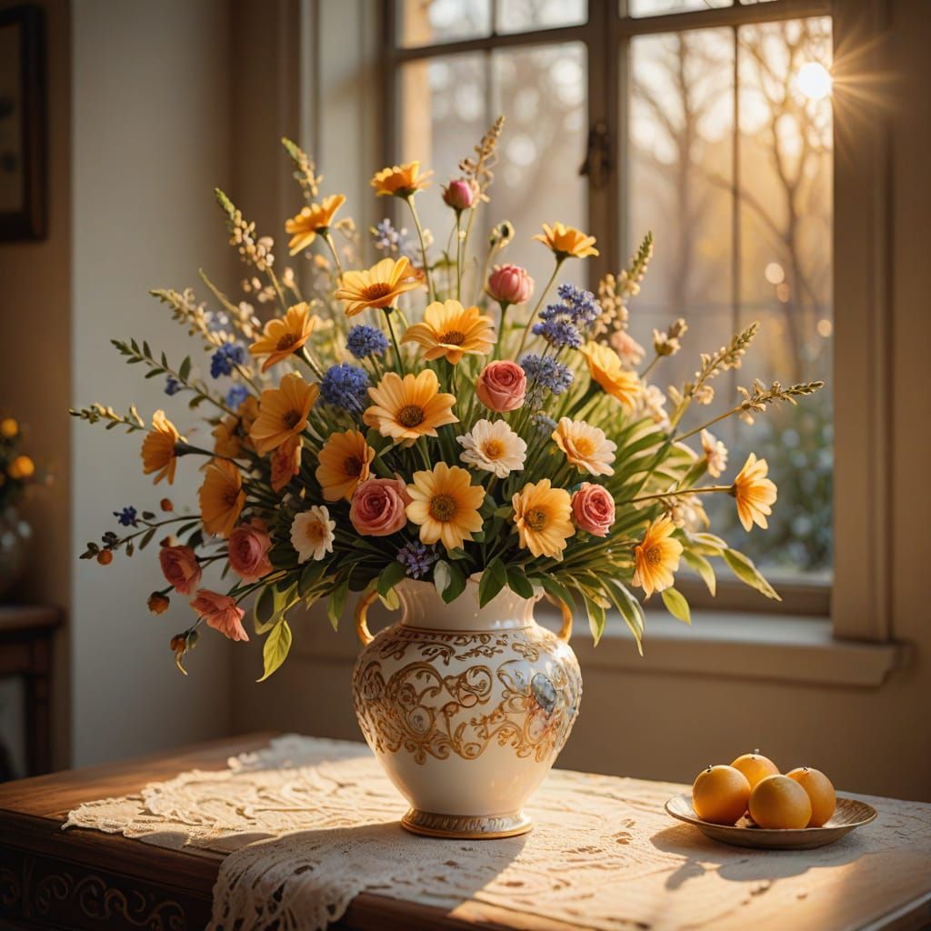 Floral Bouquet in Porcelain Vase, Soft Focus