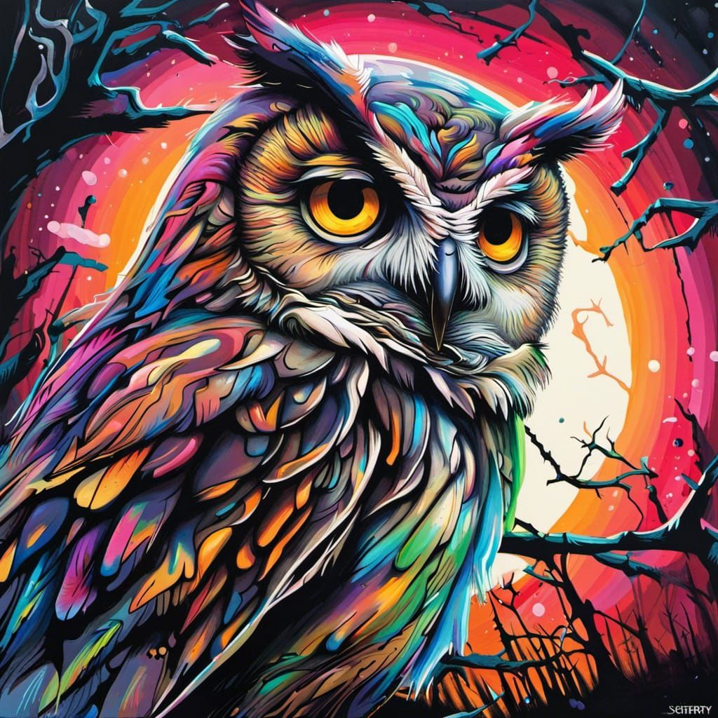 Graffiti Owl on Pine Tree Under Moonlight