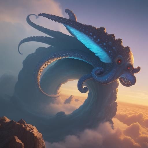 Octopus Skydiving Through Clouds: Detailed Matte Painting