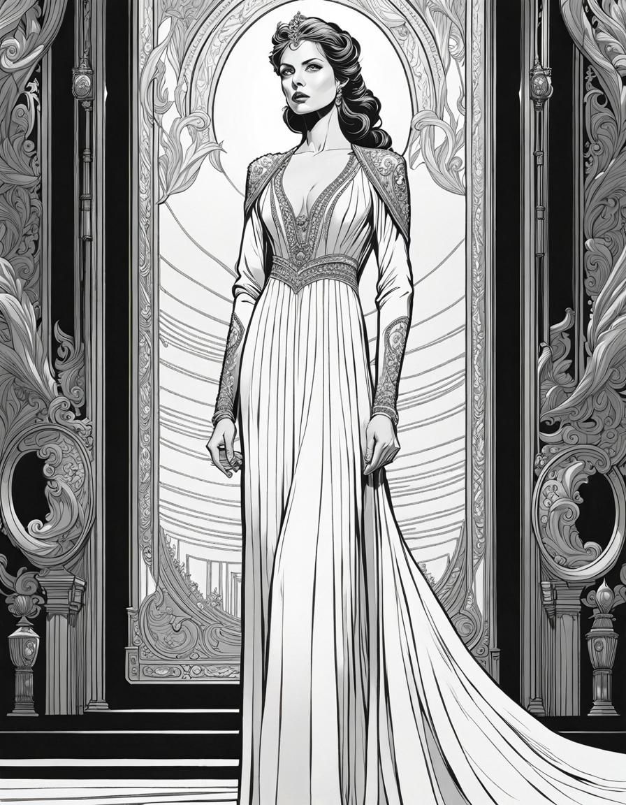 Full body line art sketch of a meticulously detailed poster of a Lady in White Gown by Dan Mumford, Moebius, Pendleton W...